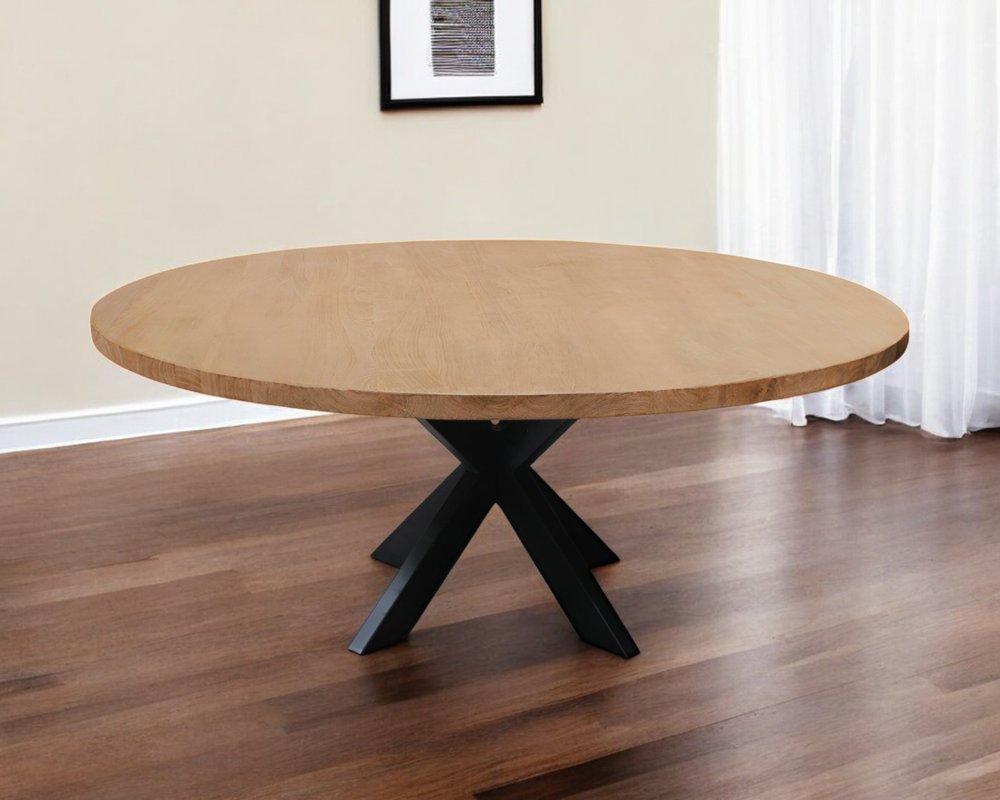 72" Natural And Black Rounded Solid Wood And Iron Pedestal Base Dining Table