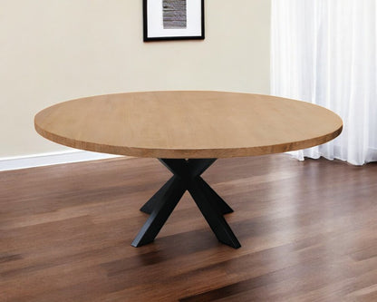 72" Natural And Black Rounded Solid Wood And Iron Pedestal Base Dining Table