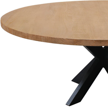 72" Natural And Black Rounded Solid Wood And Iron Pedestal Base Dining Table