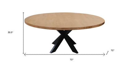 72" Natural And Black Rounded Solid Wood And Iron Pedestal Base Dining Table