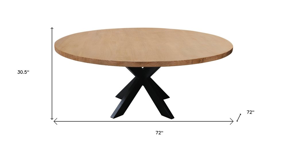 72" Natural And Black Rounded Solid Wood And Iron Pedestal Base Dining Table