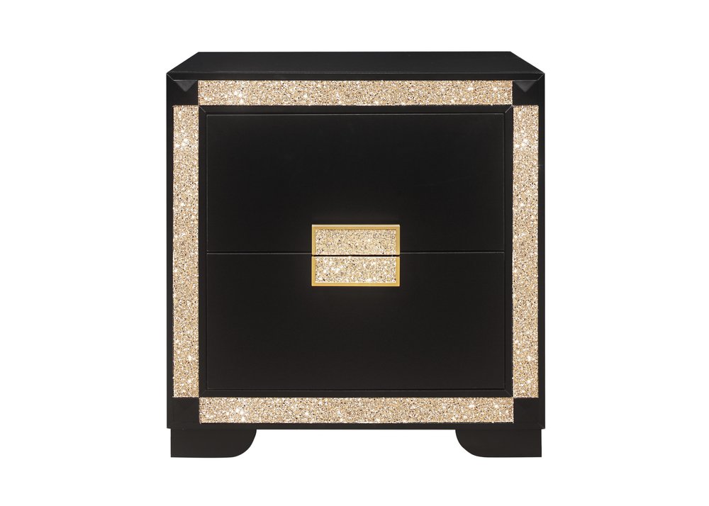 26" Black and Gold Two Drawer Faux Crystal Bling Wood Nightstand