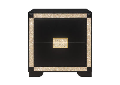 26" Black and Gold Two Drawer Faux Crystal Bling Wood Nightstand