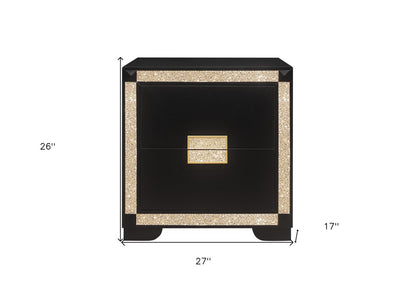 26" Black and Gold Two Drawer Faux Crystal Bling Wood Nightstand