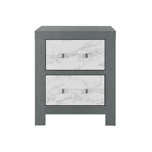 22" Gray and White Two Drawer Wood and Faux Marble Nightstand