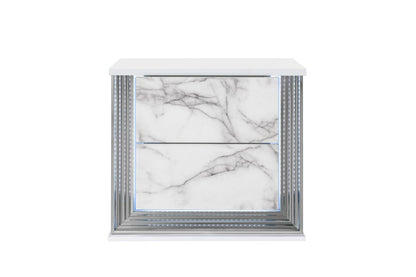 25" White Wood Faux Marble Solid and Manufactured Wood Lighted Two Drawer Nightstand with USB Port