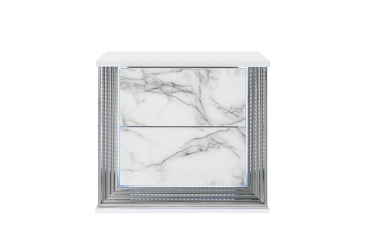 25" White Wood Faux Marble Solid and Manufactured Wood Lighted Two Drawer Nightstand with USB Port