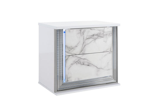 25" White Wood Faux Marble Solid and Manufactured Wood Lighted Two Drawer Nightstand with USB Port