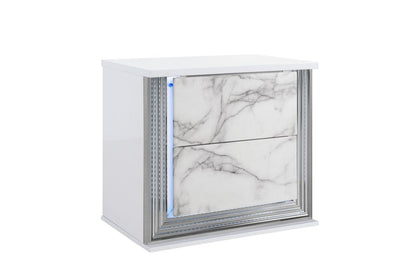 25" White Wood Faux Marble Solid and Manufactured Wood Lighted Two Drawer Nightstand with USB Port