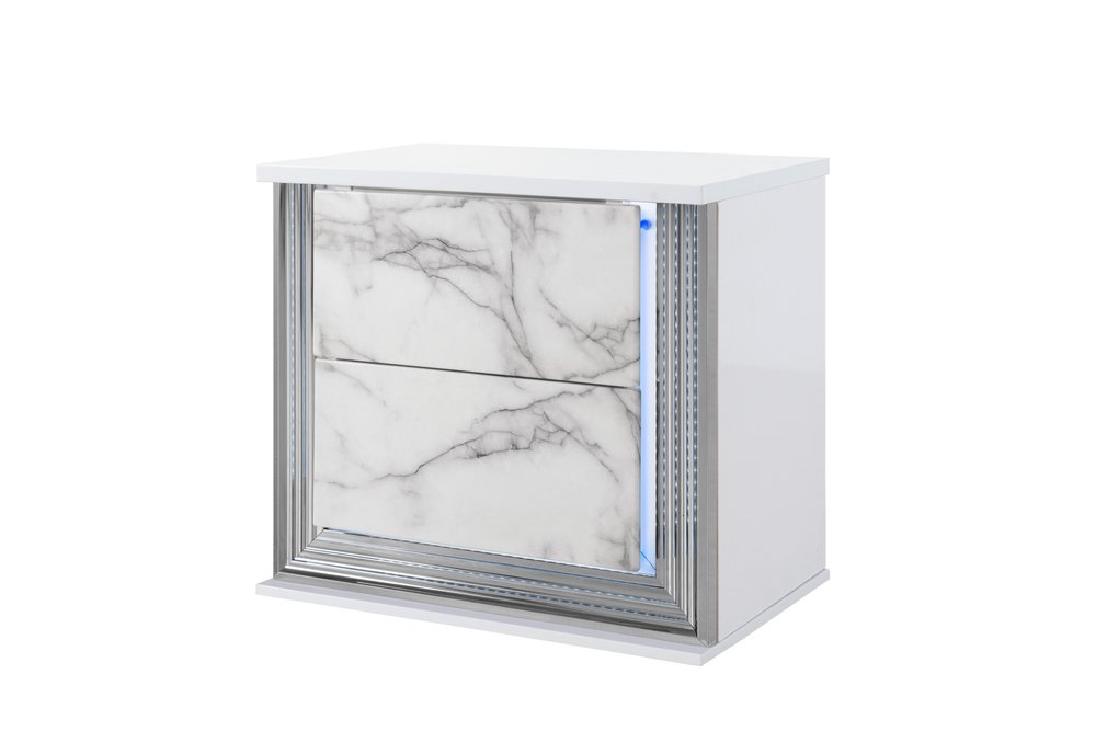 25" White Wood Faux Marble Solid and Manufactured Wood Lighted Two Drawer Nightstand with USB Port