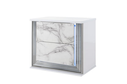 25" White Wood Faux Marble Solid and Manufactured Wood Lighted Two Drawer Nightstand with USB Port
