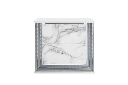 25" White Wood Faux Marble Solid and Manufactured Wood Lighted Two Drawer Nightstand with USB Port