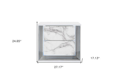 25" White Wood Faux Marble Solid and Manufactured Wood Lighted Two Drawer Nightstand with USB Port