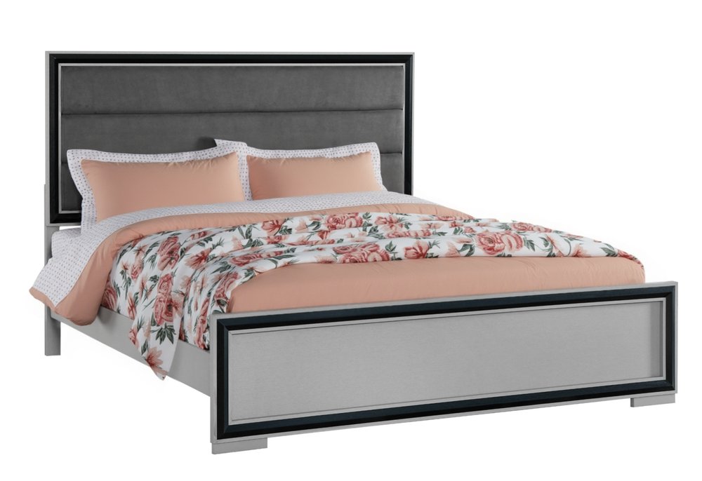 Gray Ribbed Texture Wood And Upholstery Full Bed Frame