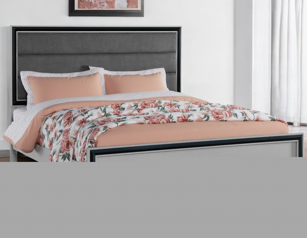 Gray Ribbed Texture Wood And Upholstery Full Bed Frame