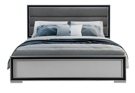 Gray Ribbed Texture Wood And Upholstery Queen Bed Frame