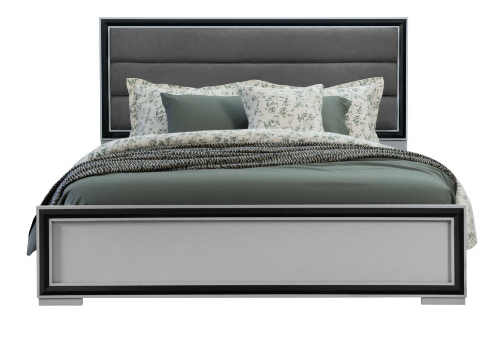 Gray Ribbed Texture Wood And Upholstery Queen Bed Frame