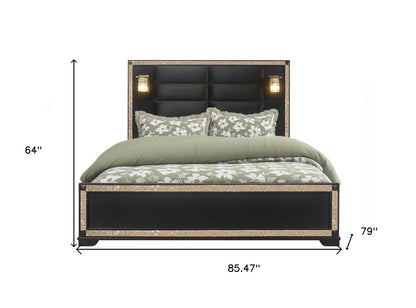 Black Faux Crystal Bling Wood And Upholstery Lighted King Bed Frame