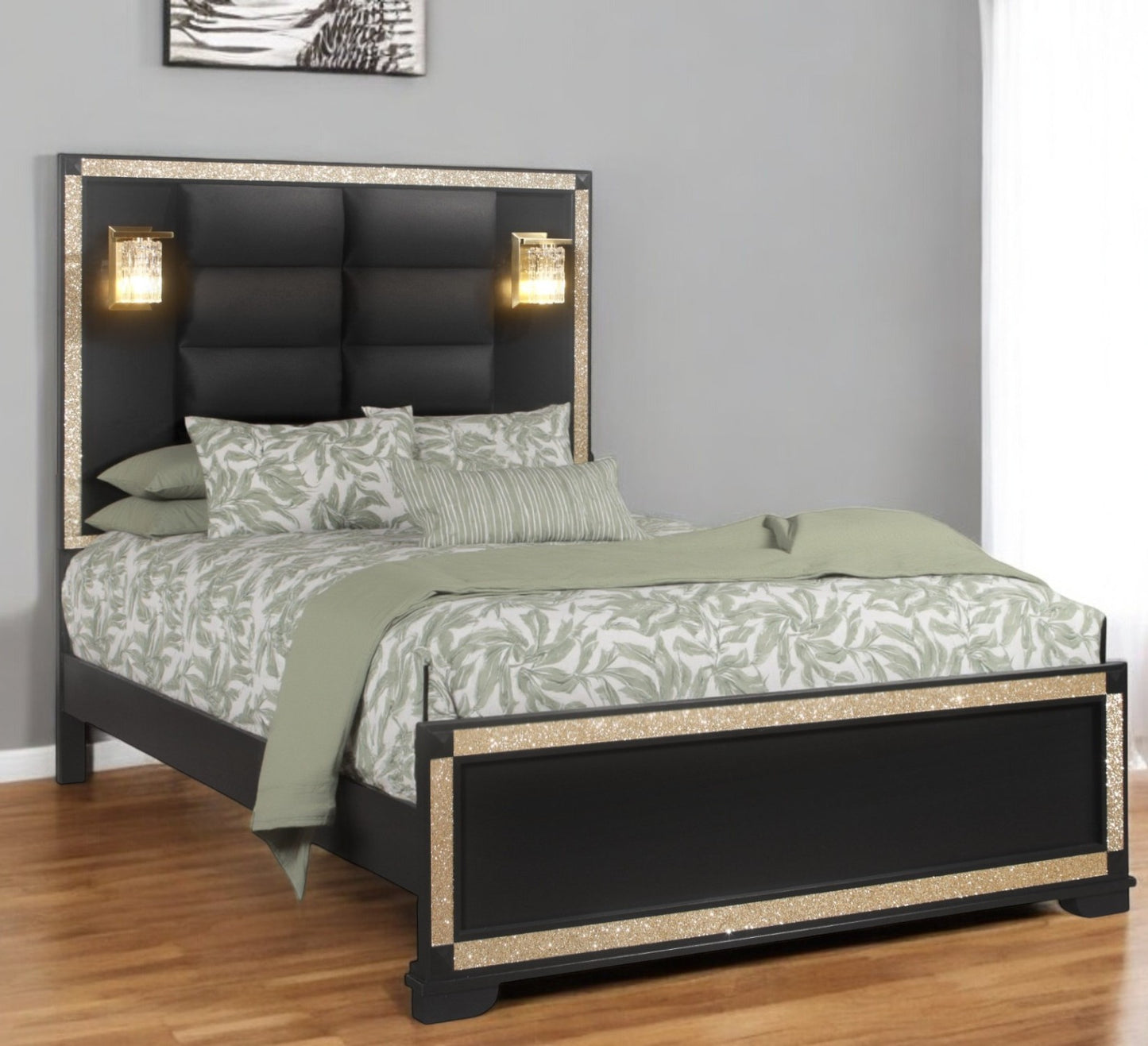 Black Faux Crystal Bling Wood And Upholstery Lighted Queen Bed Frame