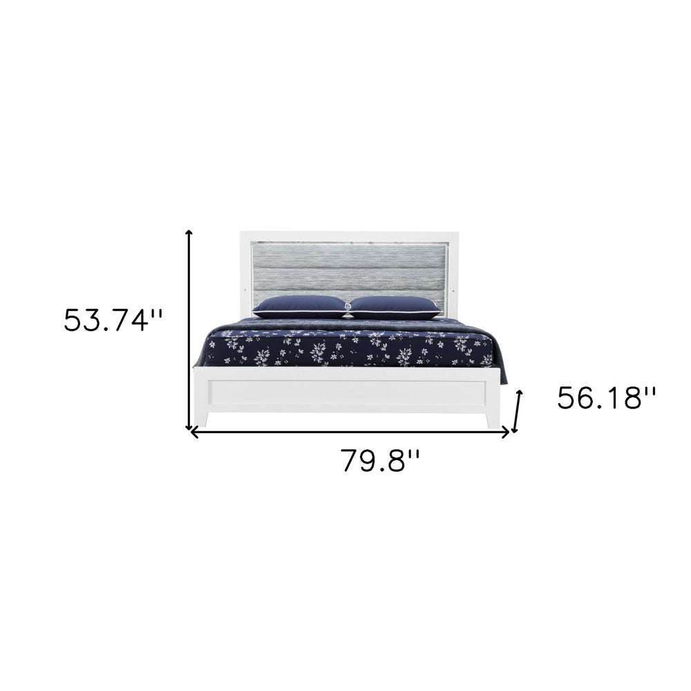 White and Light Gray Ribbed Texture Wood And Upholstery Lighted Full Bed Frame