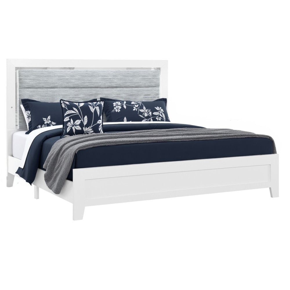 White and Light Gray Ribbed Texture Wood And Upholstery Lighted King Bed Frame