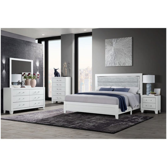White and Light Gray Ribbed Texture Wood And Upholstery Lighted King Bed Frame