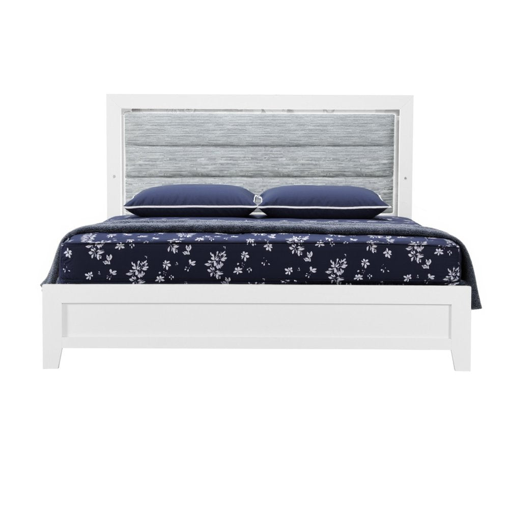White and Light Gray Ribbed Texture Wood And Upholstery Lighted Queen Bed Frame