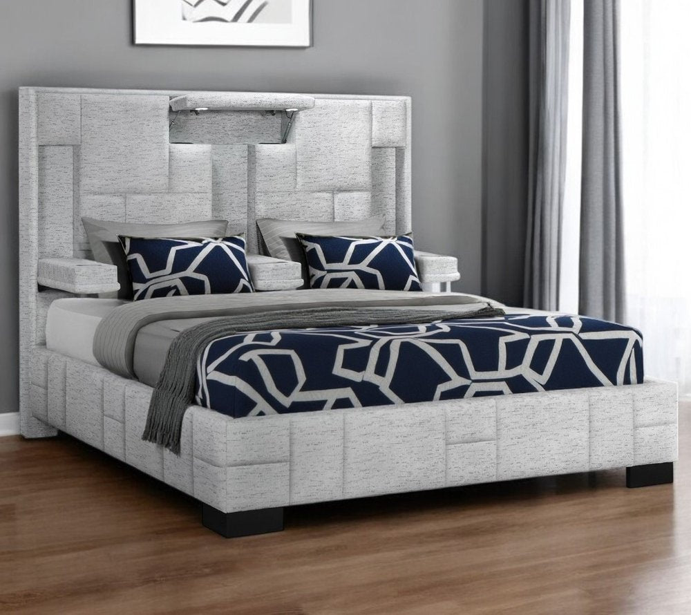 Black and Gray And Upholstered Lighted Queen Bed Frame with USB