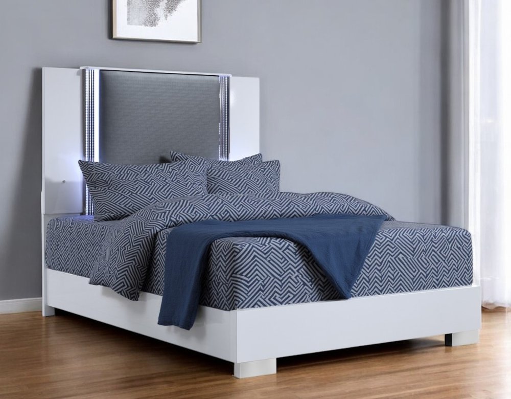 White and Gray Wood And Faux Leather Lighted King Bed Frame