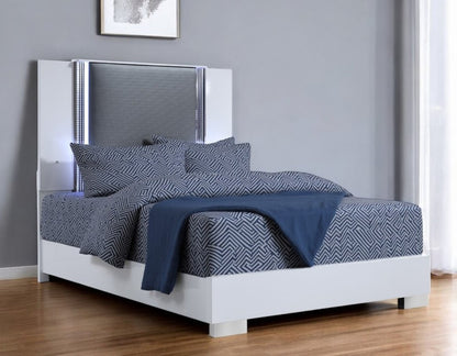 White and Gray Wood And Faux Leather Lighted King Bed Frame