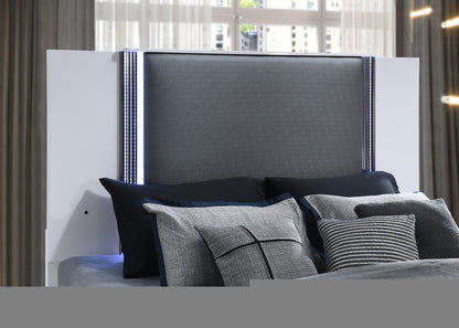 White and Gray Wood And Faux Leather Lighted King Bed Frame