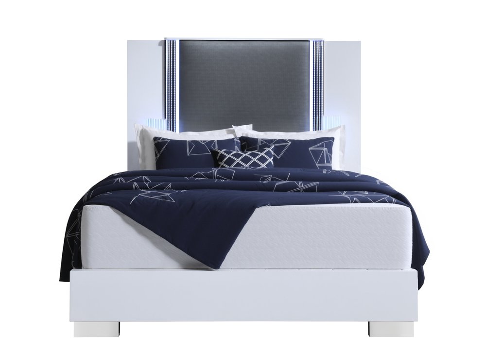 White and Gray Wood And Faux Leather Lighted King Bed Frame