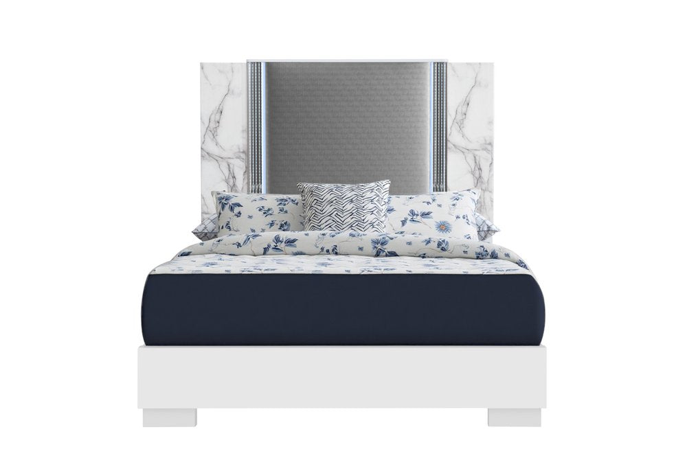 White and Gray Wood And Faux Leather Lighted King Bed Frame