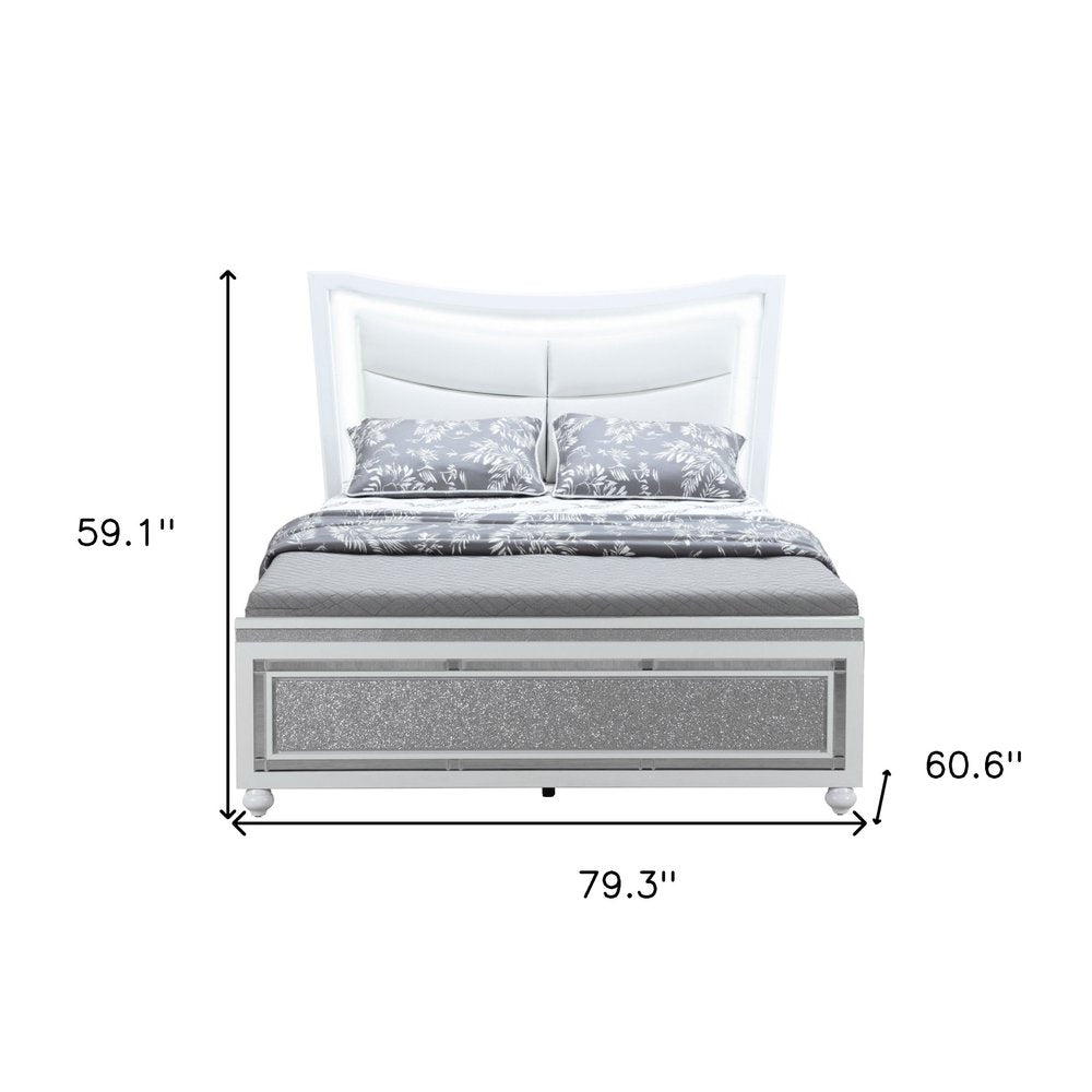 Silver And White Faux Crystal Bling Wood And Upholstery Lighted Full Bed Frame