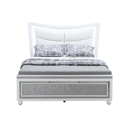 White And Silver and White Faux Crystal Bling Wood And Upholstery Lighted Queen Bed Frame