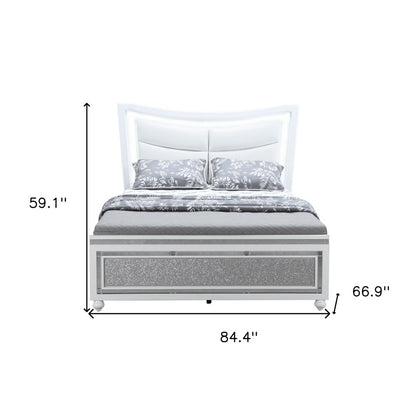 White And Silver and White Faux Crystal Bling Wood And Upholstery Lighted Queen Bed Frame
