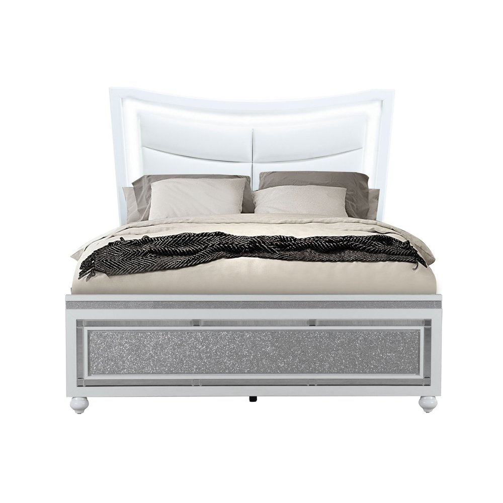White And Silver and White Faux Crystal Bling Wood And Upholstery Lighted Queen Bed Frame