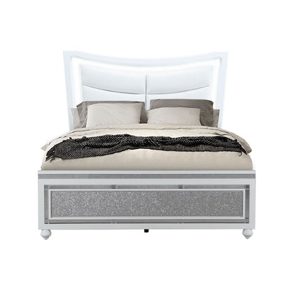 White And Silver and White Faux Crystal Bling Wood And Upholstery Lighted Queen Bed Frame