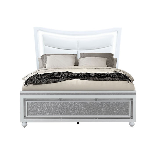 White And Silver and White Faux Crystal Bling Wood And Upholstery Lighted Queen Bed Frame