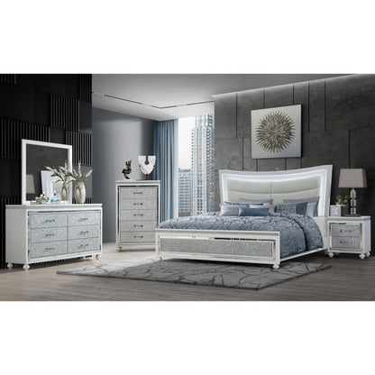 White And Silver and White Faux Crystal Bling Wood And Upholstery Lighted Queen Bed Frame