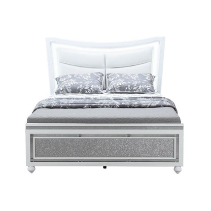 White And Silver and White Faux Crystal Bling Wood And Upholstery Lighted Queen Bed Frame