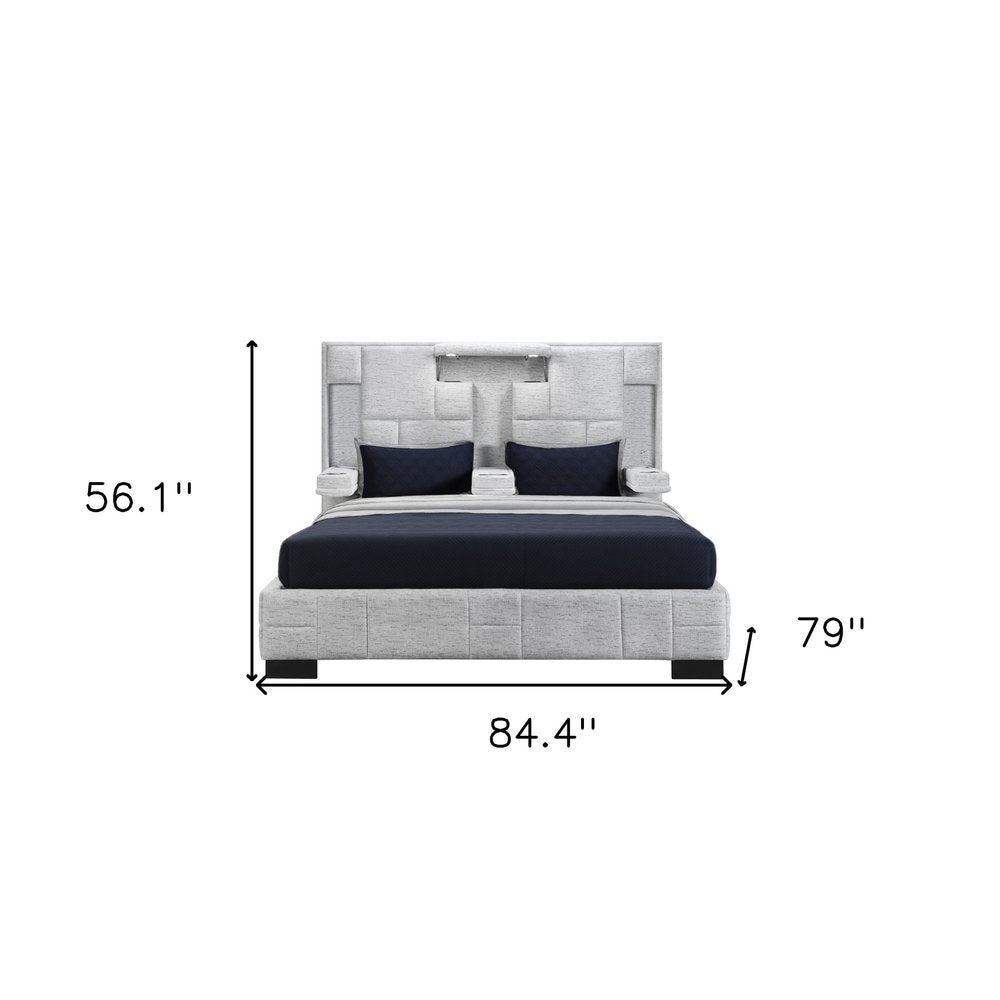 Gray Faux Crystal Bling Distressed Wood And Faux Leather Lighted King Bed Frame With Two Drawers
