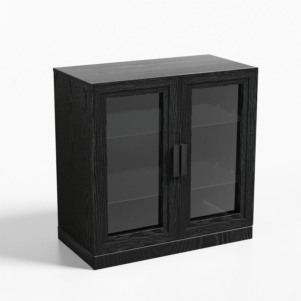 31" Black And Clear Glass Door Accent Cabinet With Three Shelves