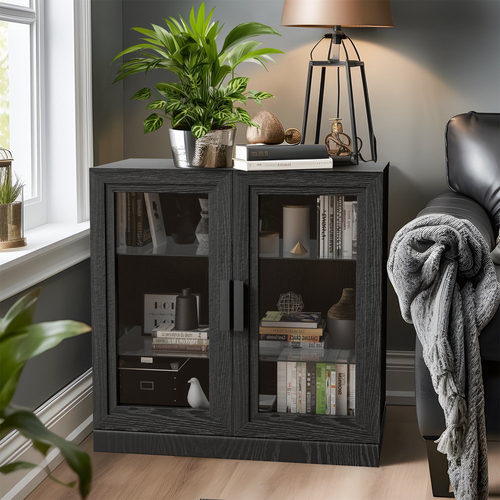 31" Black And Clear Glass Door Accent Cabinet With Three Shelves