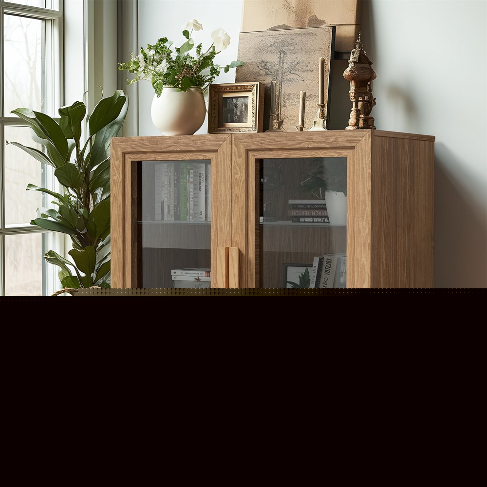 31" Natural And Clear Glass Door Accent Cabinet With Three Shelves
