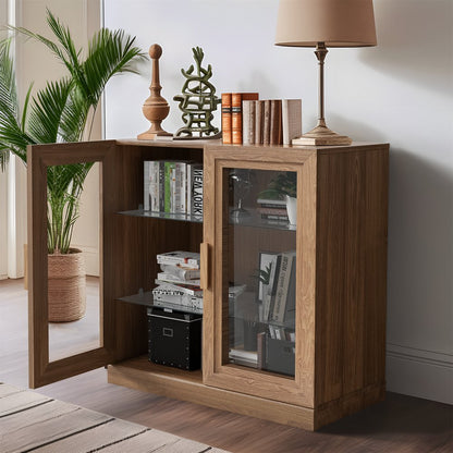 31" Natural And Clear Glass Door Accent Cabinet With Three Shelves