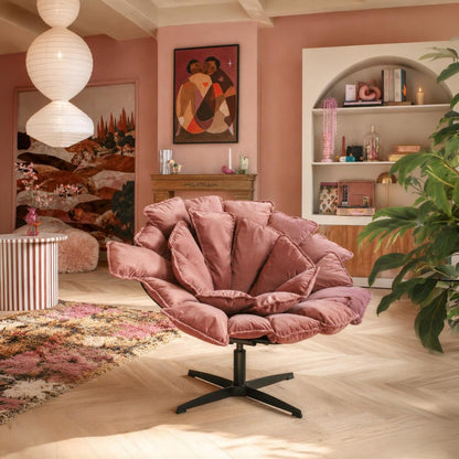 42" Pink And Black Velvet And Upholstered Swivel Side Chair
