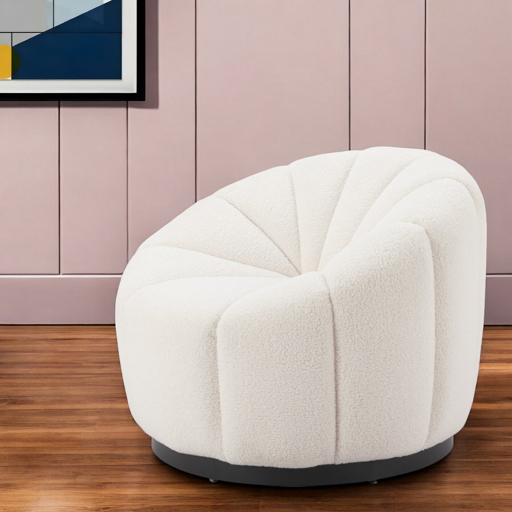 36" Cream And Black Faux Shearling And Upholstered Barrel Chair