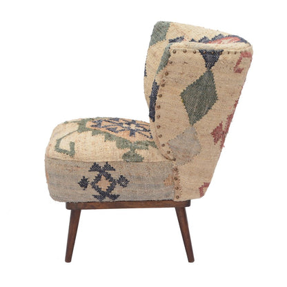 26" Beige Blue and Red  Jute Southwestern Wingback Chair