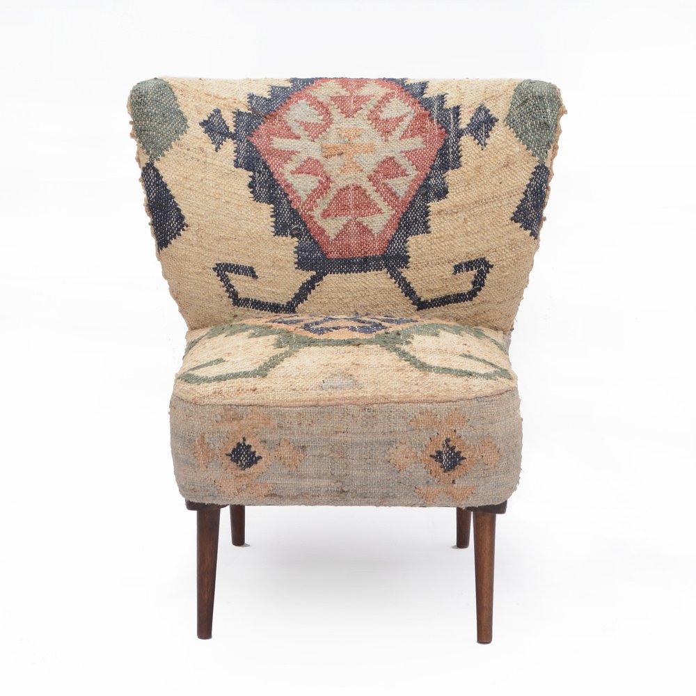 26" Beige Blue and Red  Jute Southwestern Wingback Chair